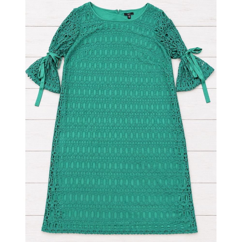 R&K Originals Dress Emerald Green Lace Bell Sleeve Tie Shift Event Size 18W NEW